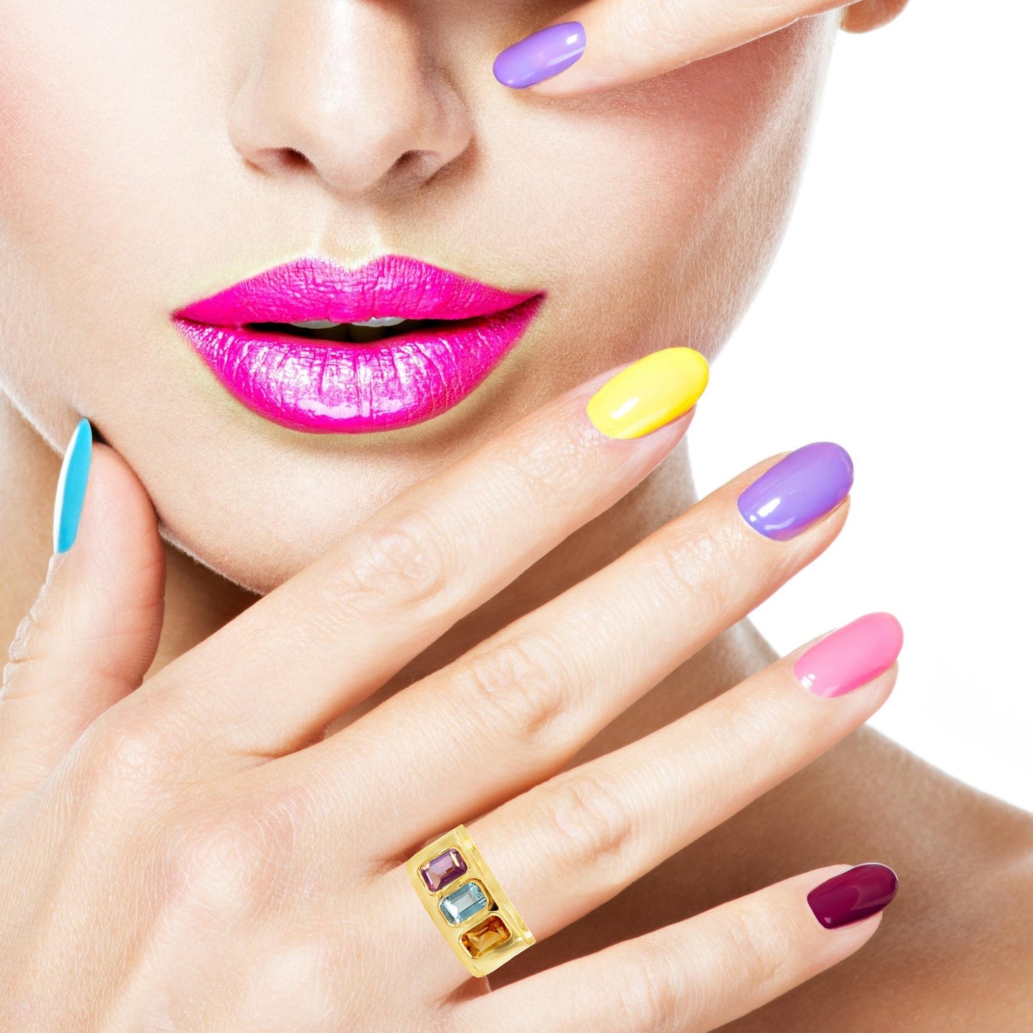 14K Yellow Gold Wide Band Ring with Citrine, Aquamarine & Amethyst