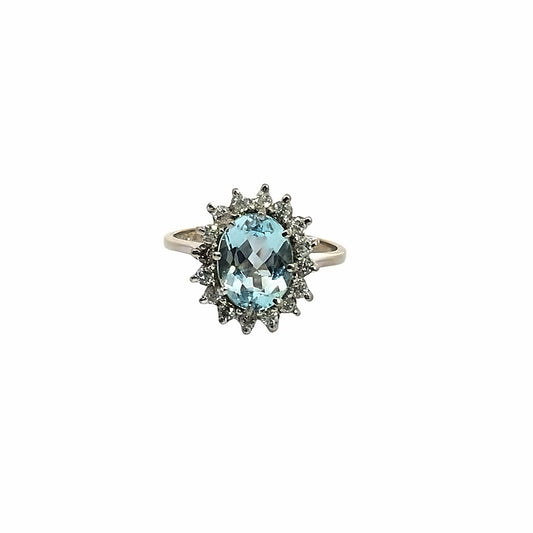 Sparkly Vintage 14K White Gold Aquamarine Diamond Halo Ring