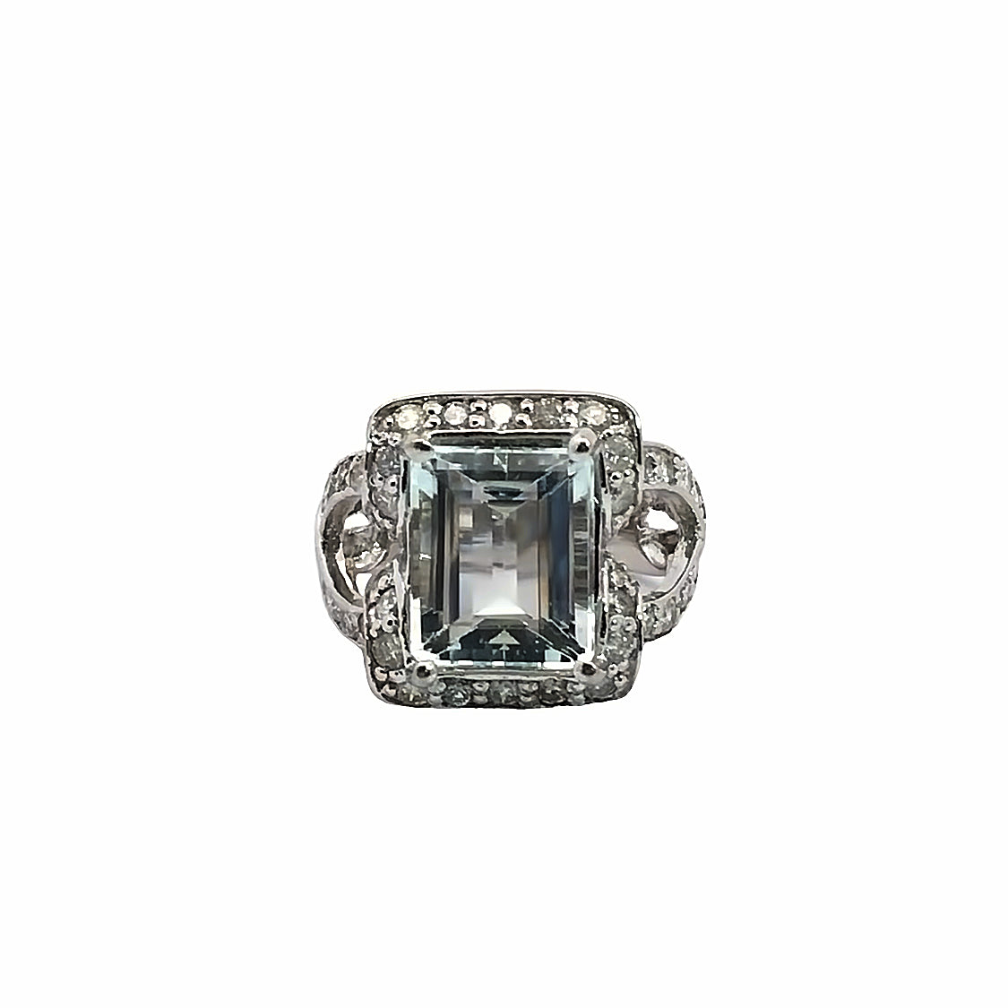 Stunning 14K White Gold Cocktail Emerald Cut Aquamarine & Diamond Ring