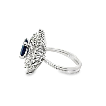 14K White Gold Glamorous 1980’s Sapphire Diamond Ring – Rectangular Cluster Design