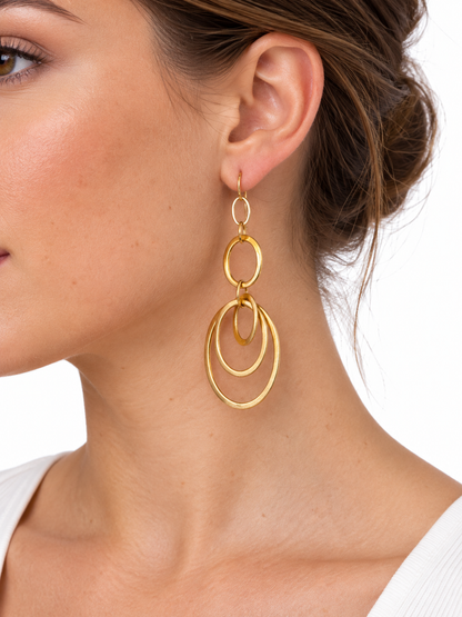 14K Yellow Gold Italian Brushed Oval Hoop Dangle Earrings