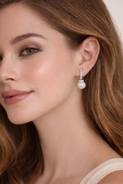 18K White Gold Diamond & Pearl Drop Earrings