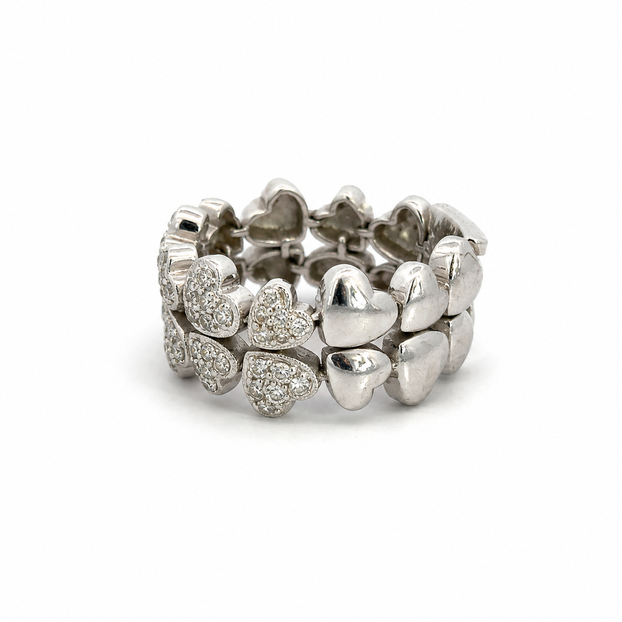 18K White Gold Diamond Double Row Heart Flex Ring