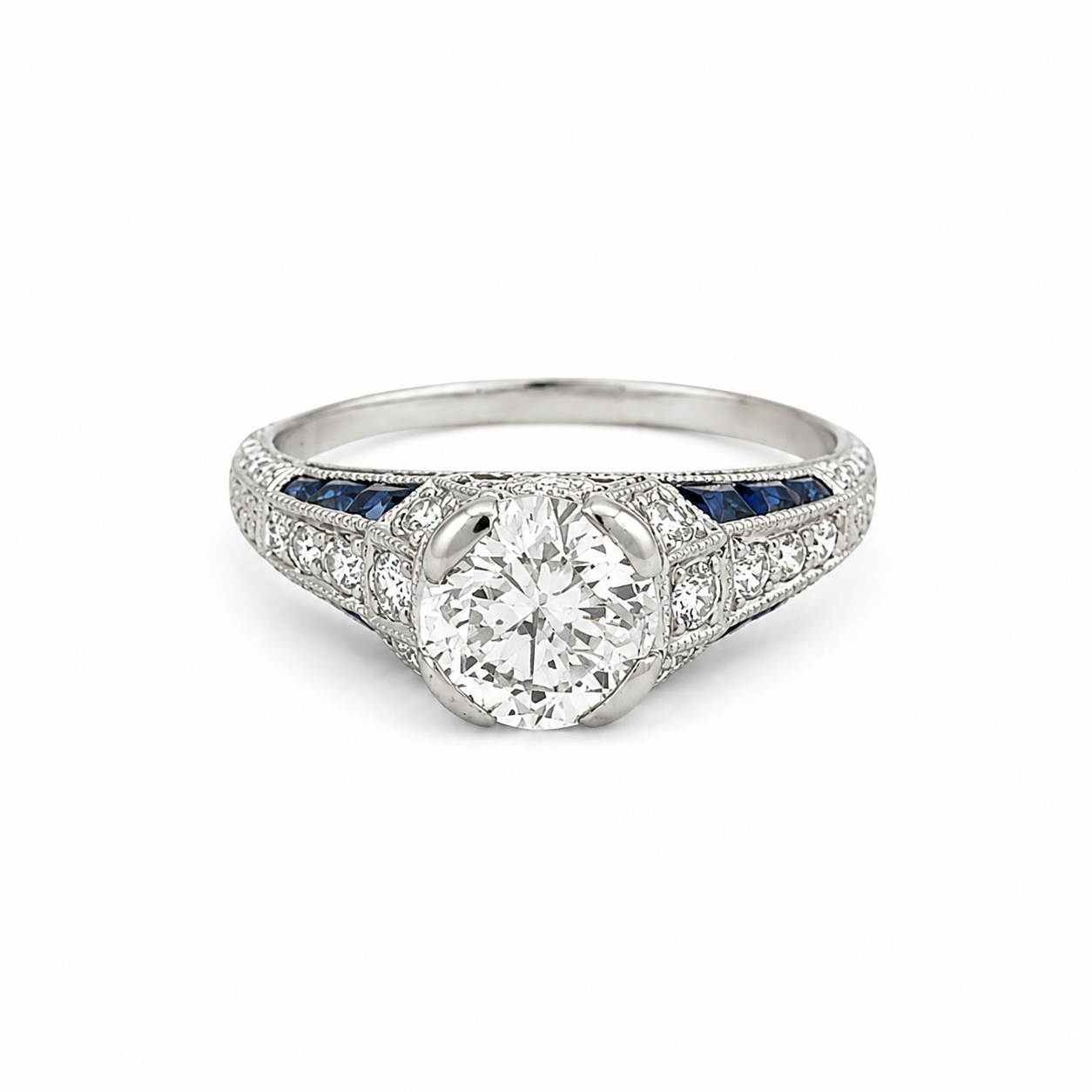 Antique Art Deco Platinum Old European Cut Diamond & Sapphire Engagement Ring
