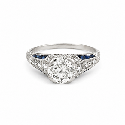 Antique Art Deco Platinum Old European Cut Diamond & Sapphire Engagement Ring