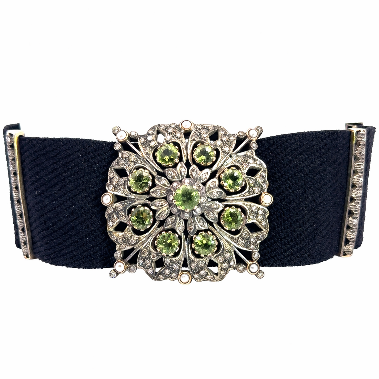 18K White Gold Vintage Peridot & Diamond Statement Choker Necklace