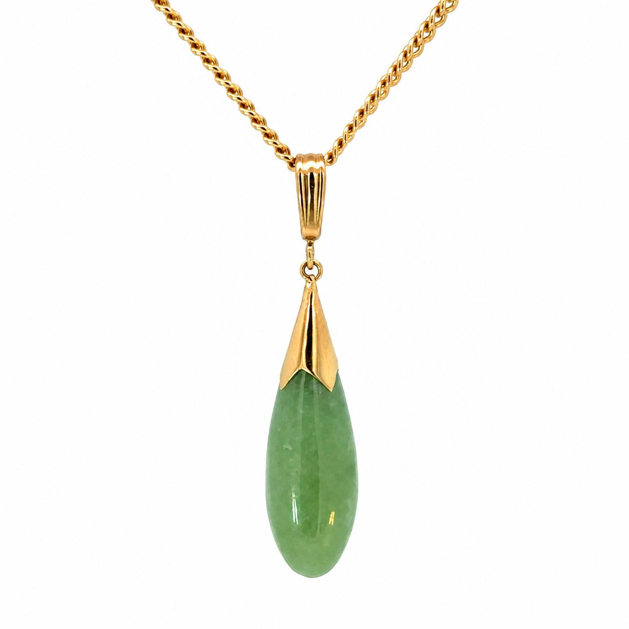 Green Jade Teardrop Pendant in 14K Yellow Gold