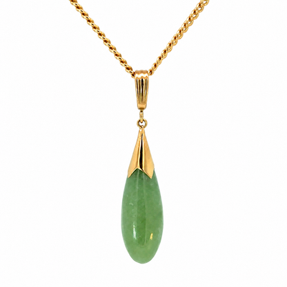 Green Jade Teardrop Pendant in 14K Yellow Gold