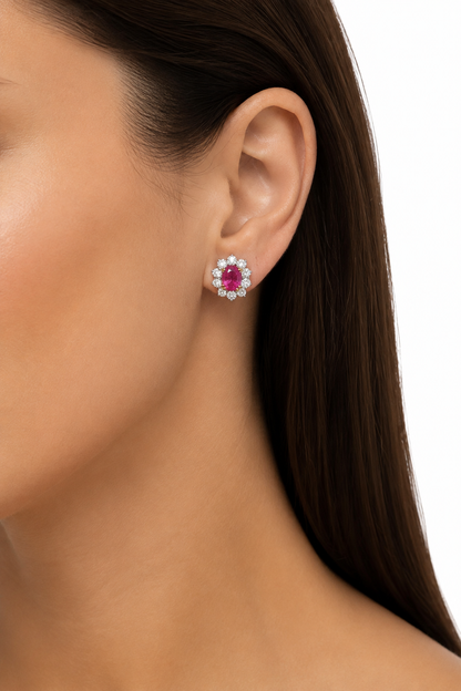 Bright Pink Ruby Diamond Halo Stud Earrings in 18K Two-Tone Gold