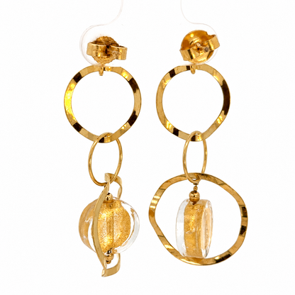 14K Yellow Gold Circle Drop Earrings with Golden Bead Accents