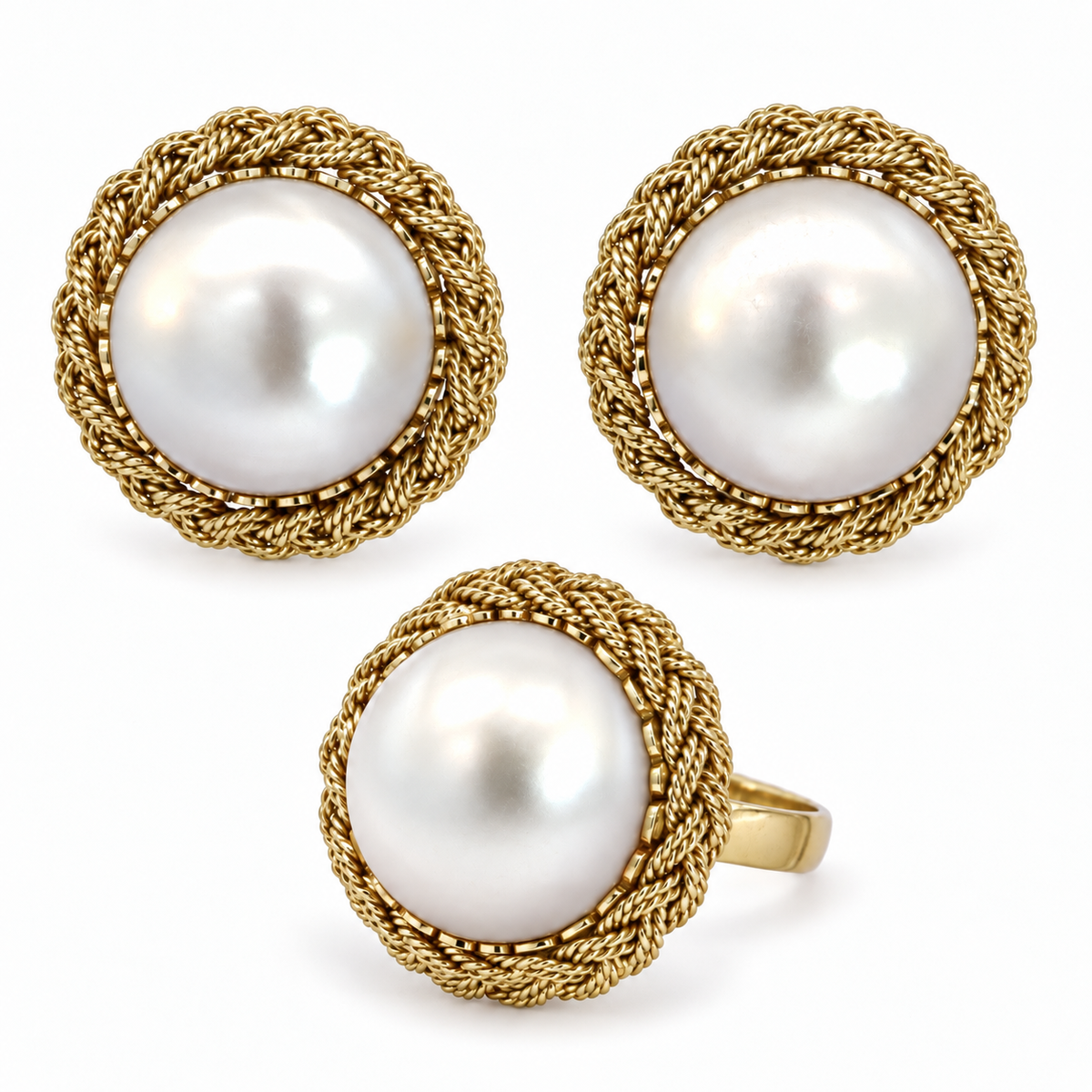 Vintage 14K Yellow Gold Mabé Pearl Ring and Earring Set with Braided Gold Surround