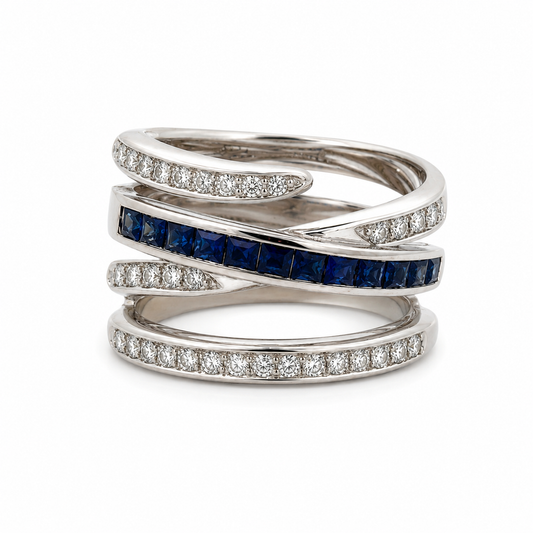 18K White Gold Diamond & Sapphire Wide Ribbon Ring