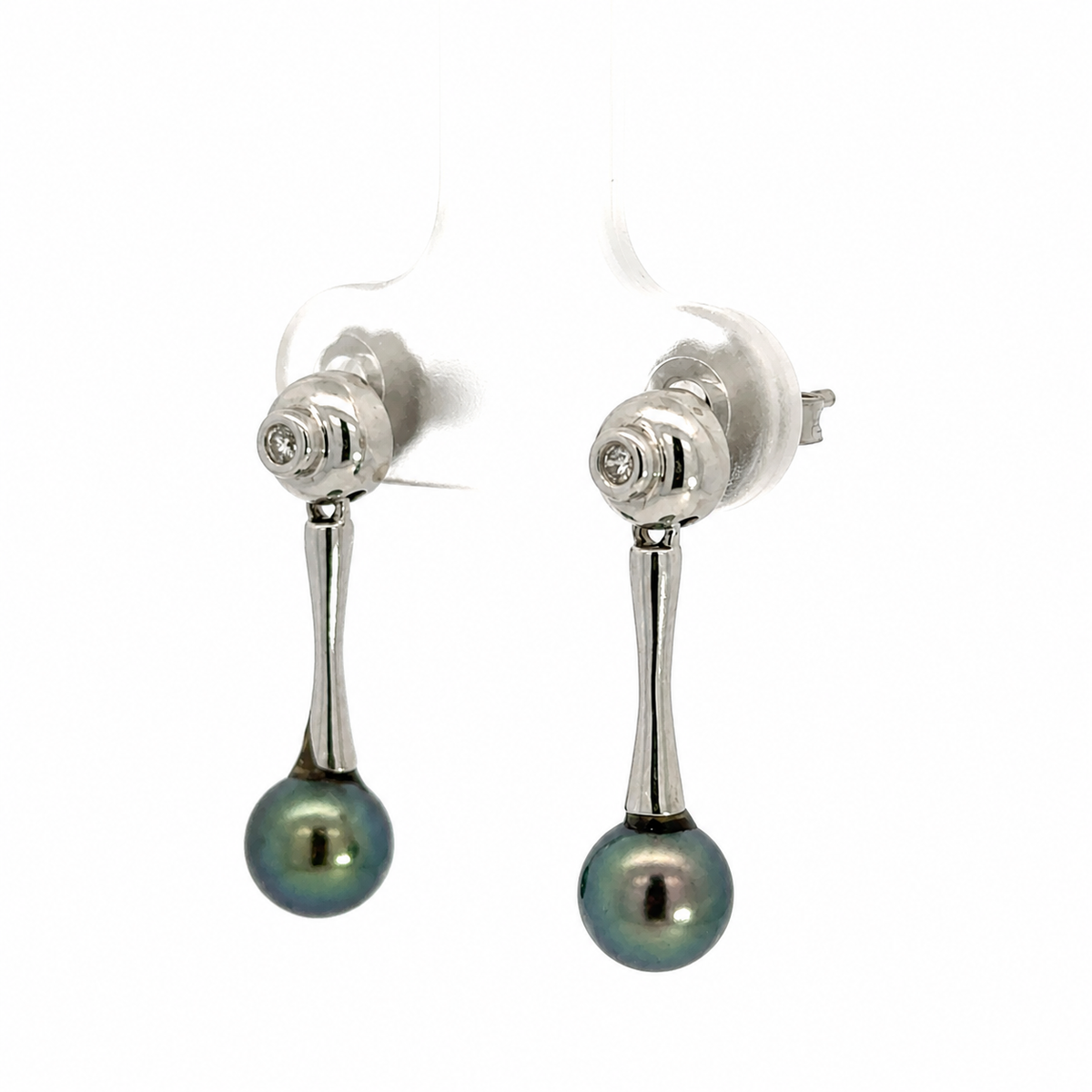 Modern 14K White Gold Black Pearl & Diamond Drop Earrings