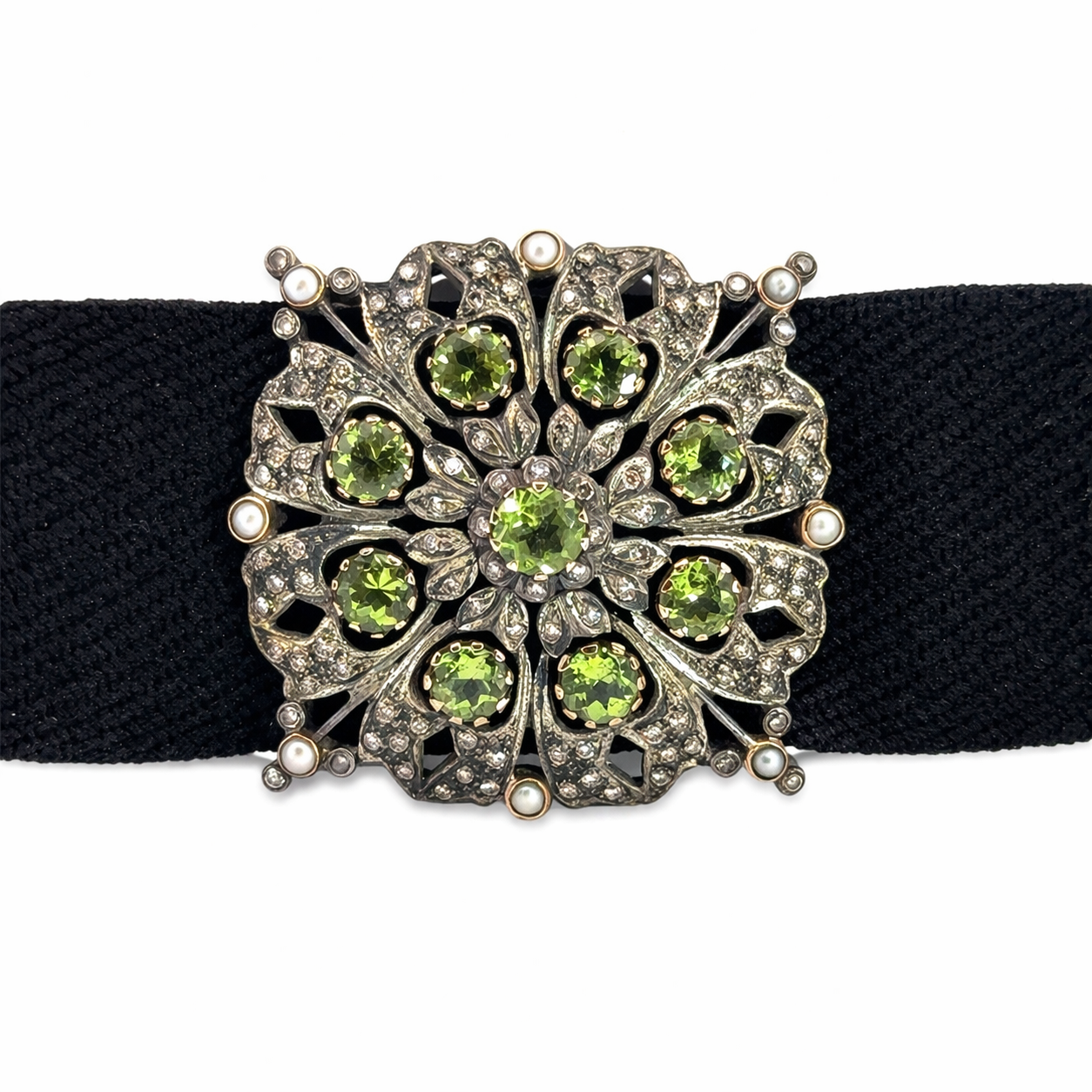 18K White Gold Vintage Peridot & Diamond Statement Choker Necklace