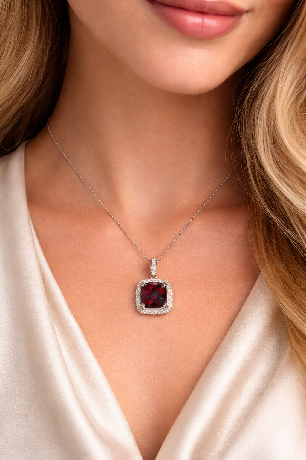 Cushion Cut Garnet Pendant with Diamond Halo 14K White Gold
