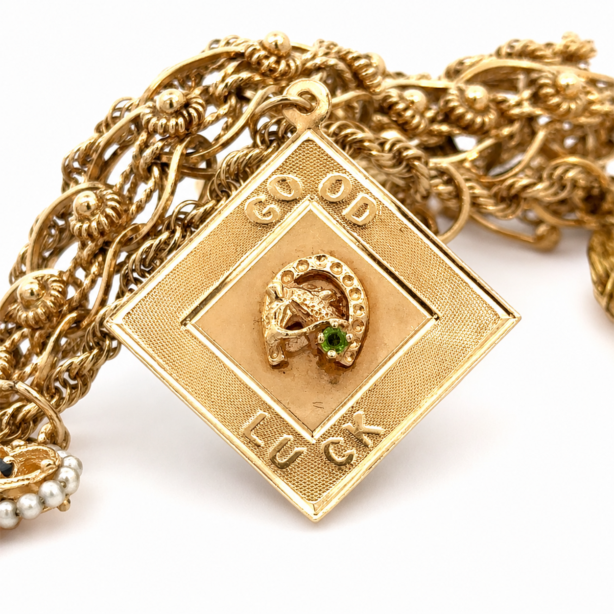Vintage 14K Yellow Gold Story Charm Bracelet with Nine Gemstone & Pearl Charms