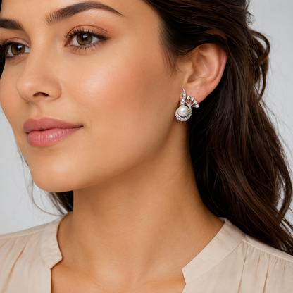 14K White Gold Diamond Pearl Leaf Scroll Clip-On Earrings Vintage