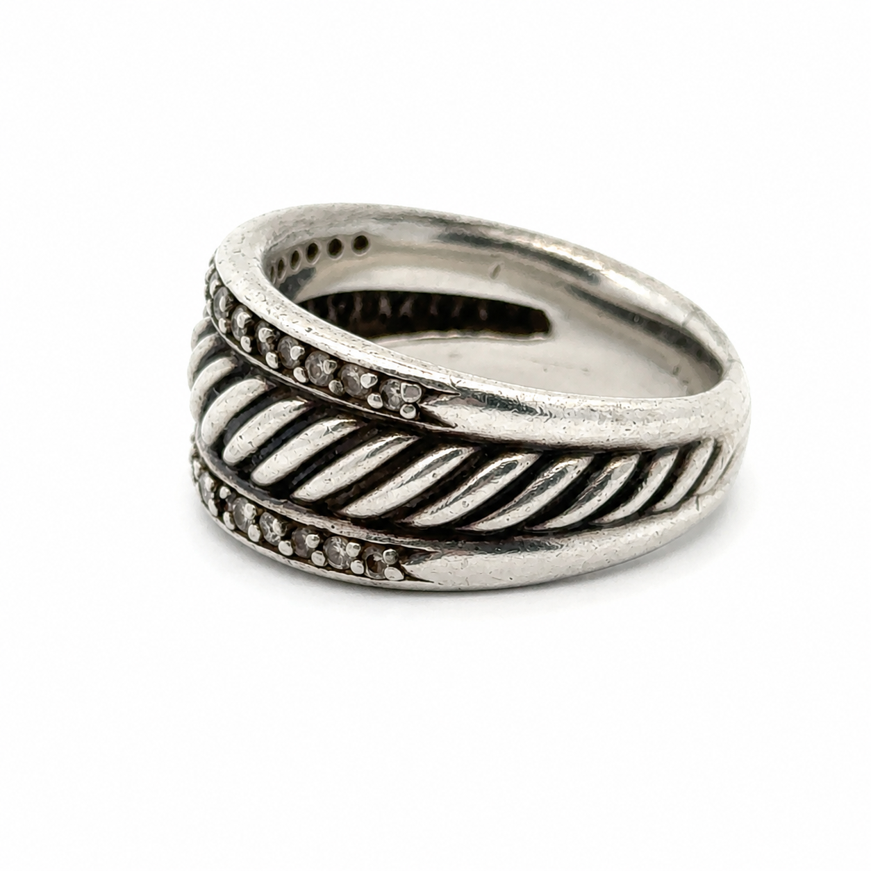 David Yurman Cable Band Ring Sterling Silver Pavé Diamonds Size 6.5
