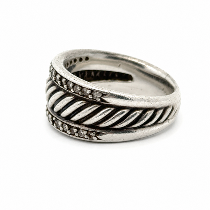 David Yurman Cable Band Ring Sterling Silver Pavé Diamonds Size 6.5