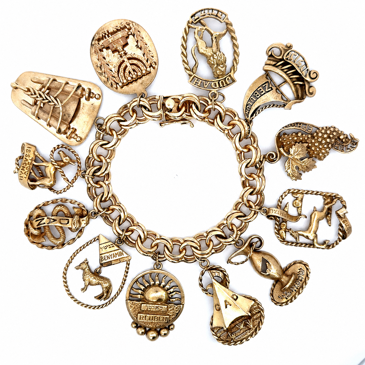 Vintage 14K Yellow Gold Twelve Tribes of Israel Charm Bracelet with 12 Large Gold Charms