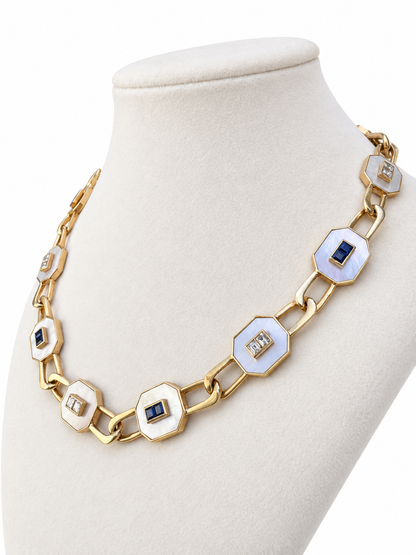 14K Yellow Gold Mother-of-Pearl, Diamond & Sapphire Convertible Necklace — Long Strand, Double Strand or Two Separate Necklaces