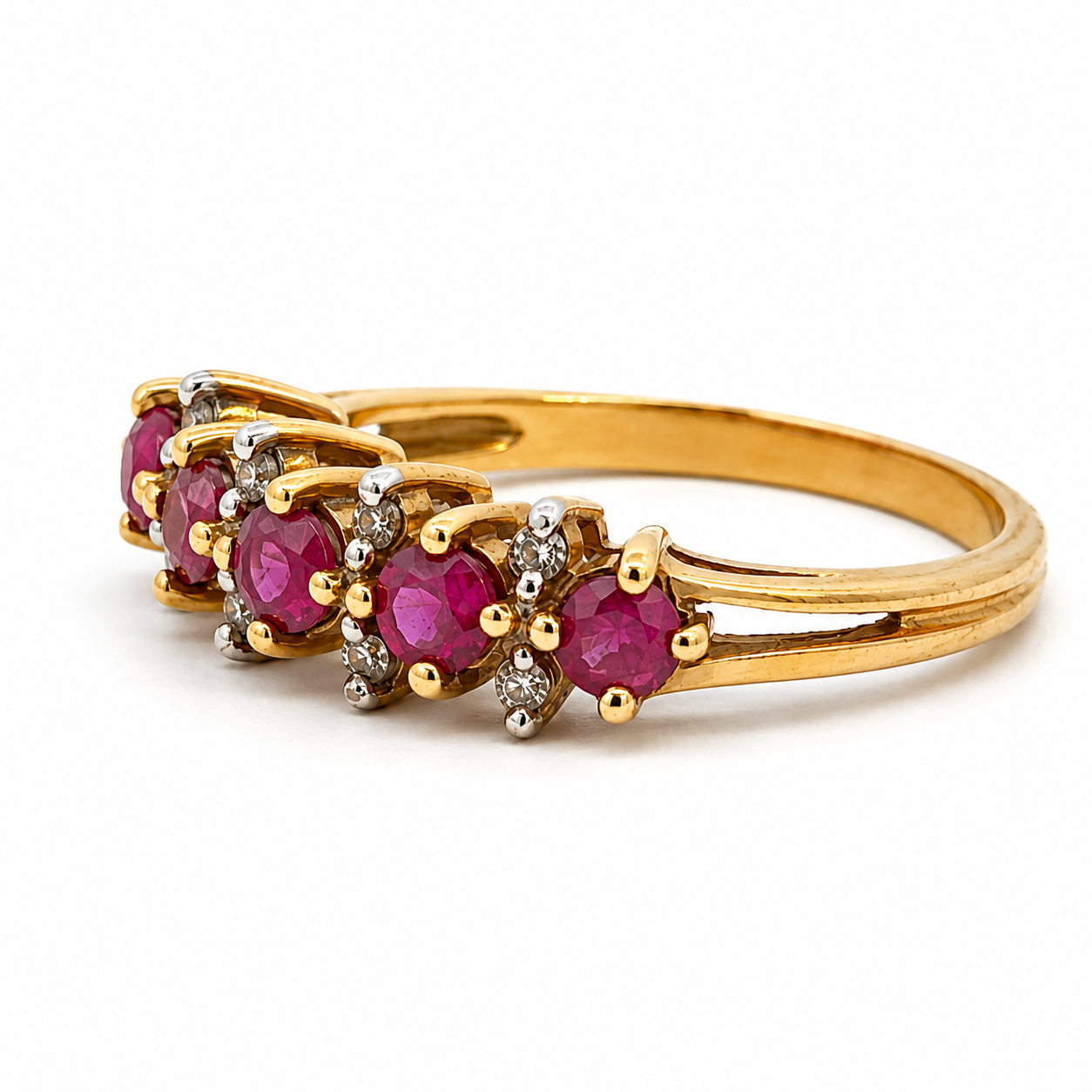 Vintage 14K Yellow Gold Ruby & Diamond Five-Stone Gold Ring