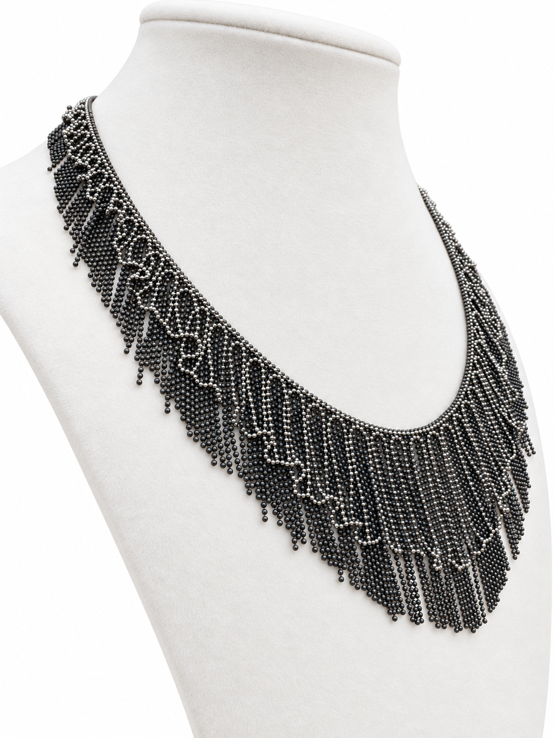 Platinum Graduated Lace-Like Fringe Necklace with Bright and Dark Patinated Details