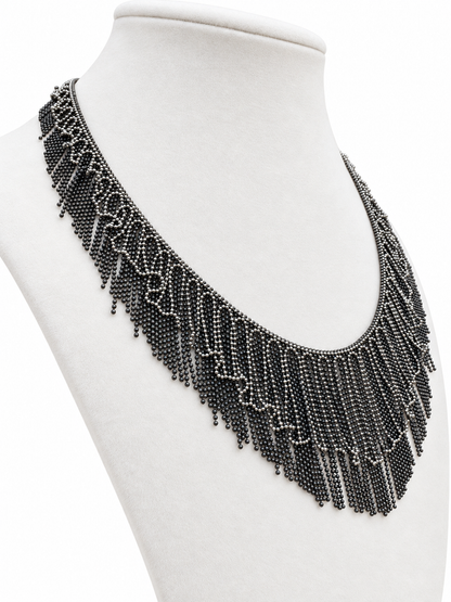Platinum Graduated Lace-Like Fringe Necklace with Bright and Dark Patinated Details