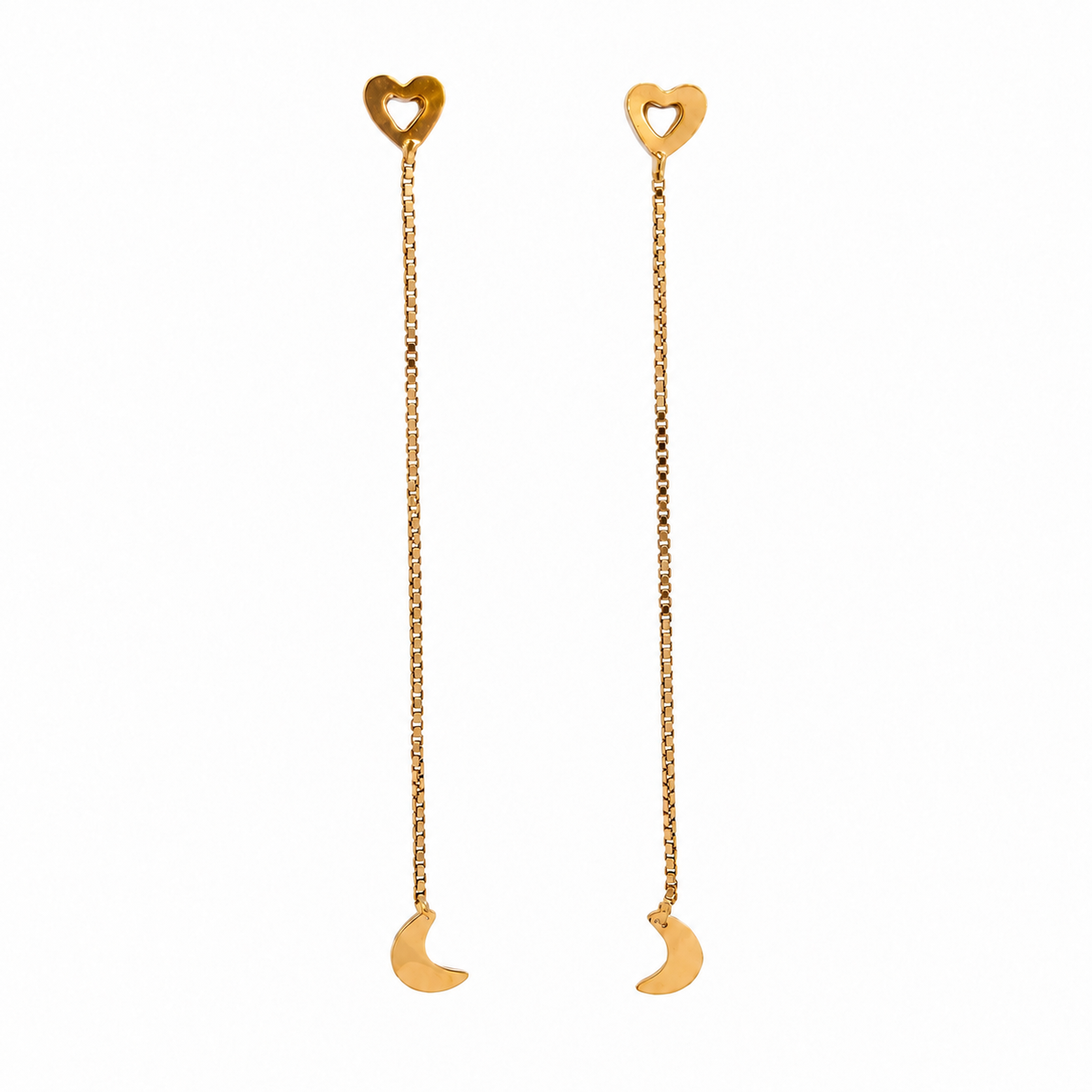 Yellow Gold Heart & Crescent Moon Chain Drop Earrings