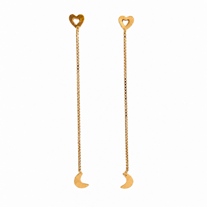 Yellow Gold Heart & Crescent Moon Chain Drop Earrings
