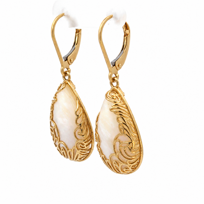 14K Yellow Gold Mother-of-Pearl Filigree Teardrop Earrings