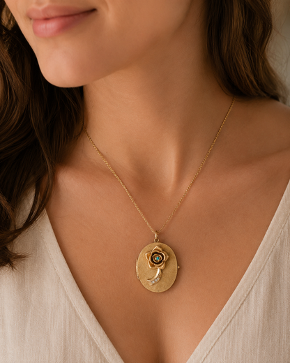 14K Yellow Gold Rose Locket Pendant with Turquoise & Diamond Accent
