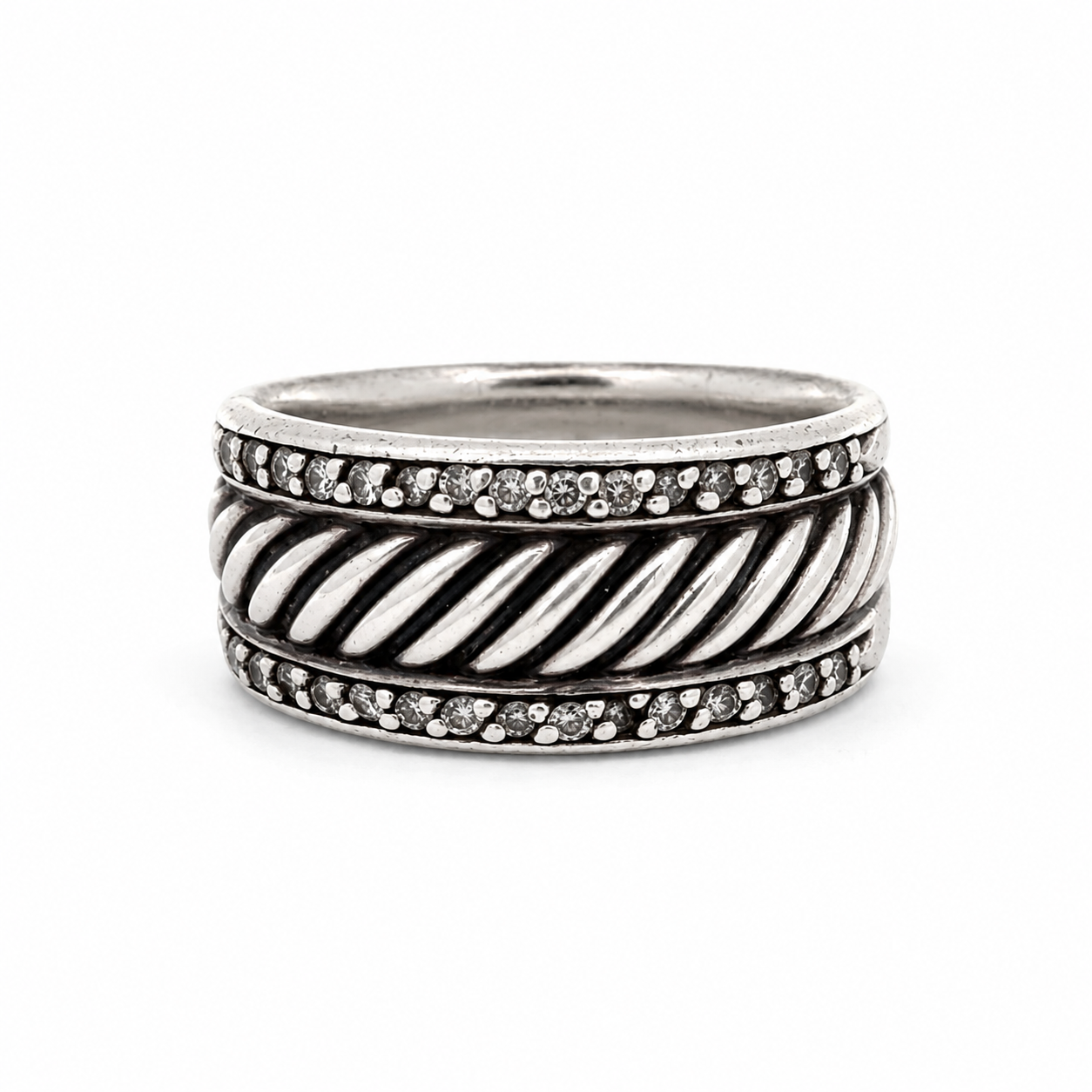 David Yurman Cable Band Ring Sterling Silver Pavé Diamonds Size 6.5