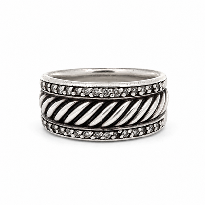 David Yurman Cable Band Ring Sterling Silver Pavé Diamonds Size 6.5