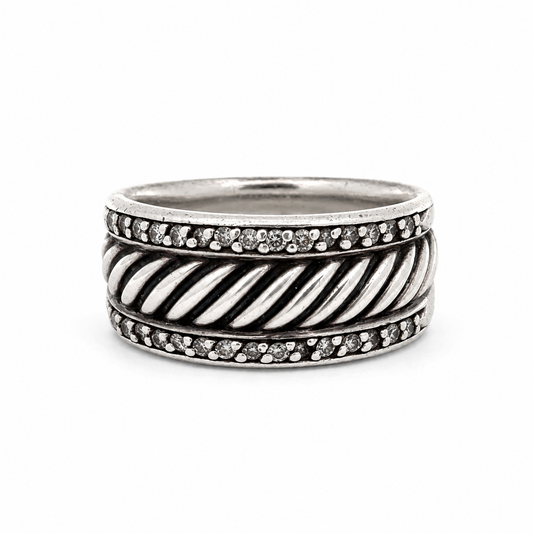 David Yurman Cable Band Ring Sterling Silver Pavé Diamonds Size 6.5