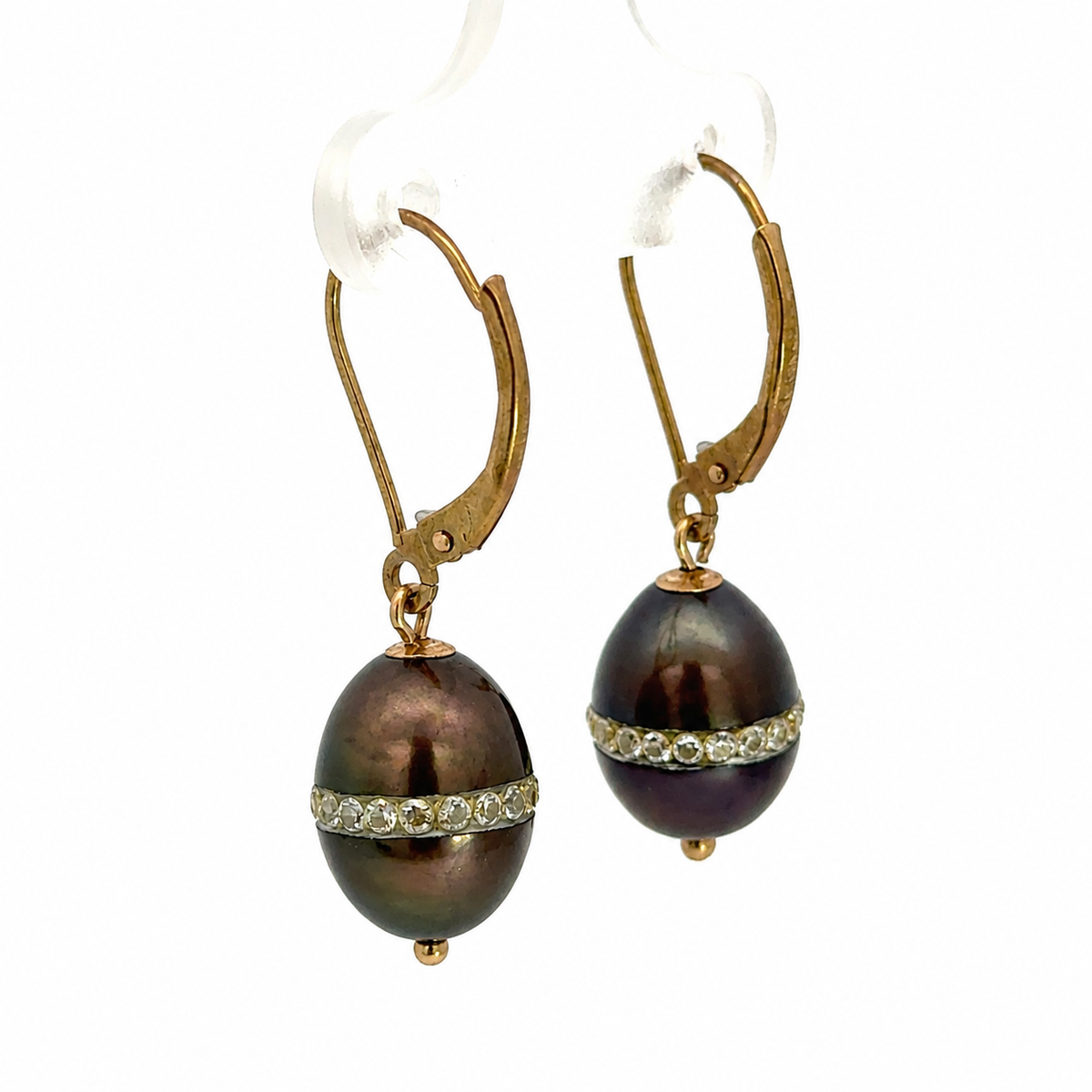 Vintage 14K Yellow Gold Black Pearl & Cubic Zirconia Drop Earrings
