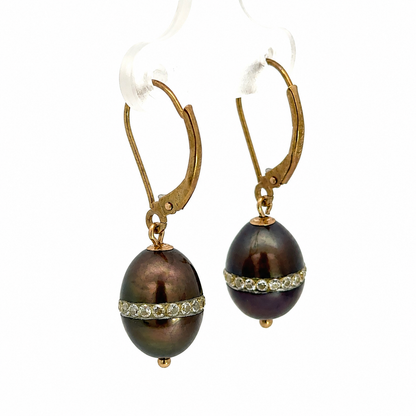 Vintage 14K Yellow Gold Black Pearl & Cubic Zirconia Drop Earrings