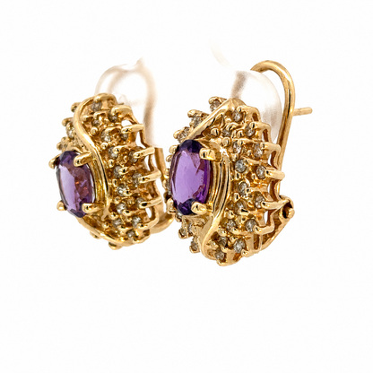 14K Yellow Gold Amethyst and Diamond Starburst Earrings