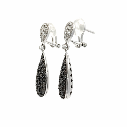 14K White Gold Black & White Diamond Drop Earrings French Clip