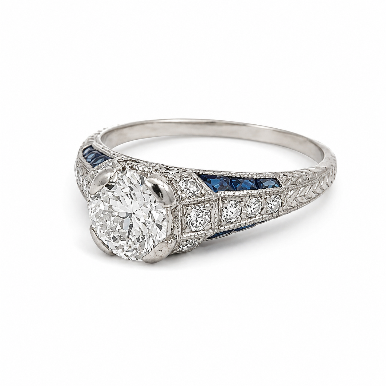 Antique Art Deco Platinum Old European Cut Diamond & Sapphire Engagement Ring