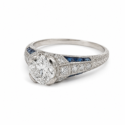 Antique Art Deco Platinum Old European Cut Diamond & Sapphire Engagement Ring