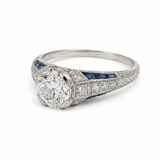 Antique Art Deco Platinum Old European Cut Diamond & Sapphire Engagement Ring