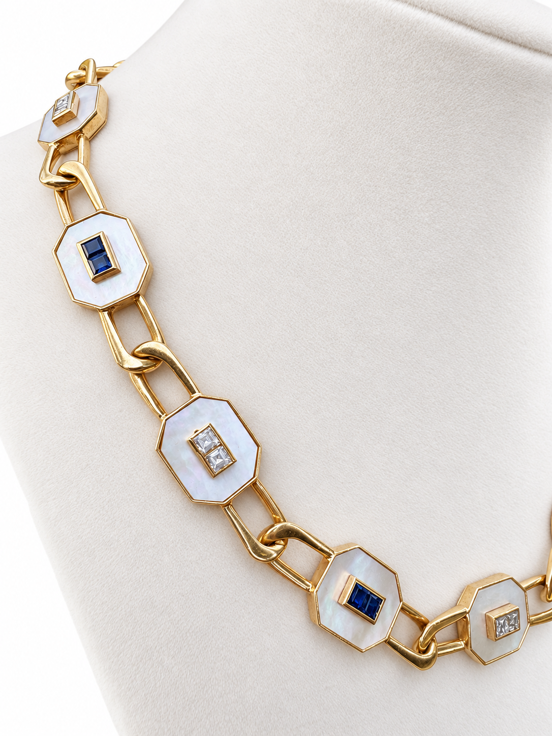 14K Yellow Gold Mother-of-Pearl, Diamond & Sapphire Convertible Necklace — Long Strand, Double Strand or Two Separate Necklaces