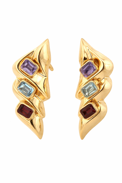 Vintage 14K Gold Multi-Gemstone Earrings – Amethyst Aquamarine Garnet