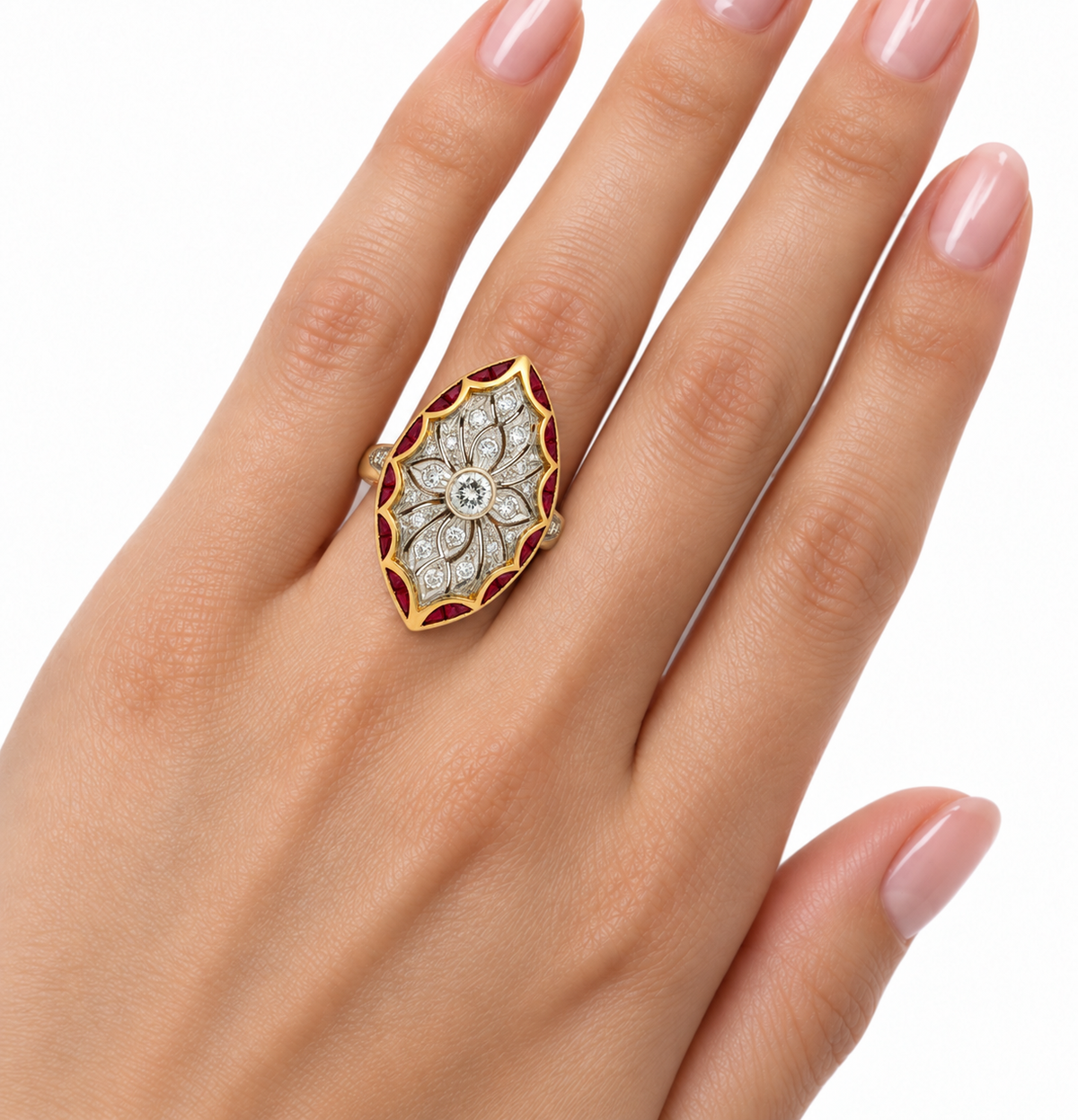 Vintage Art Deco–Style 14K Yellow Gold Ruby & Diamond Navette Ring
