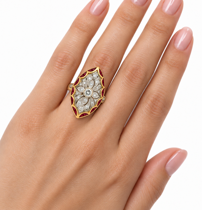 Vintage Art Deco–Style 14K Yellow Gold Ruby & Diamond Navette Ring