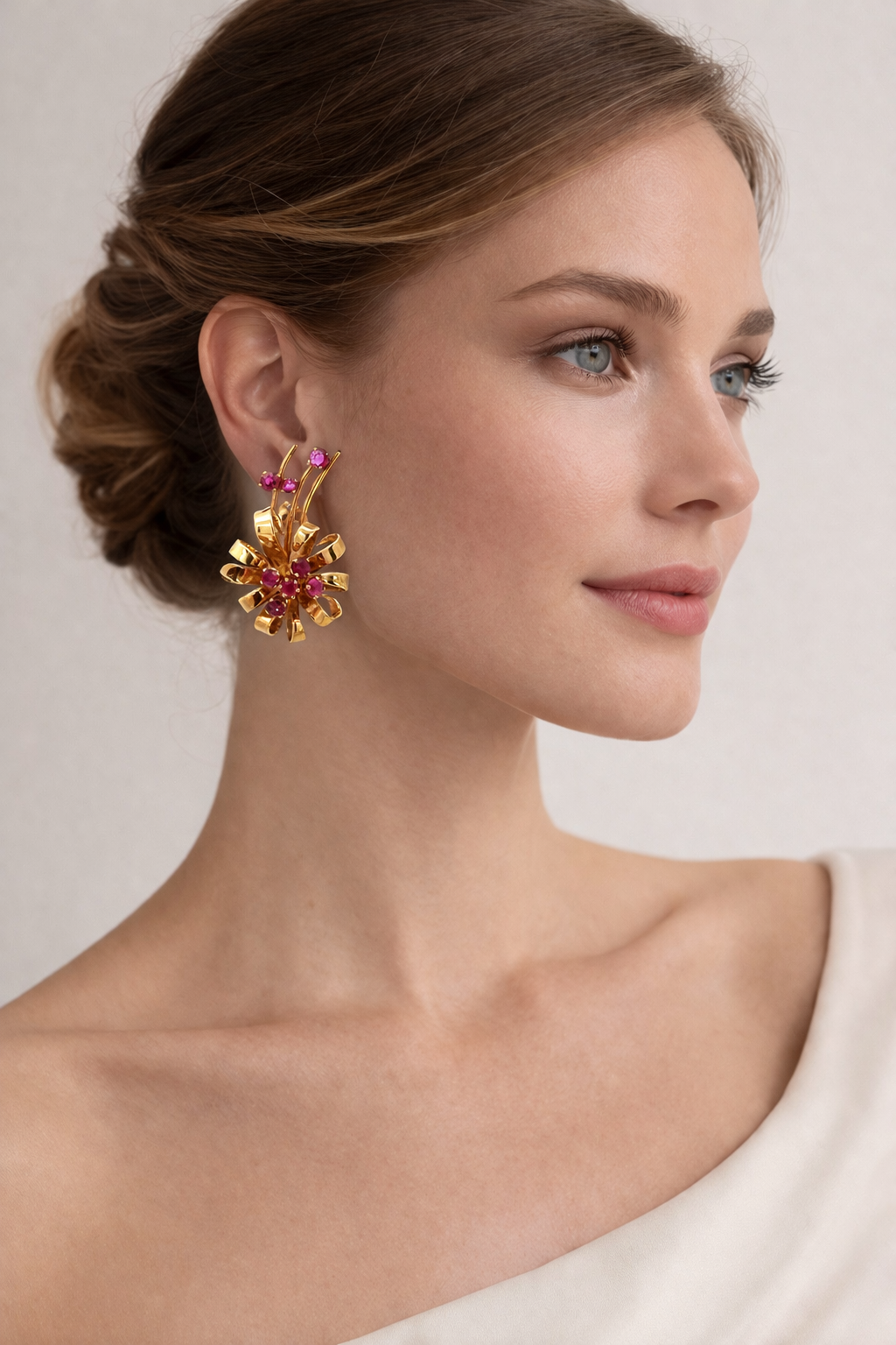 Vintage Retro 14K Rose Gold Ruby Floral Ribbon Clip-On Earrings