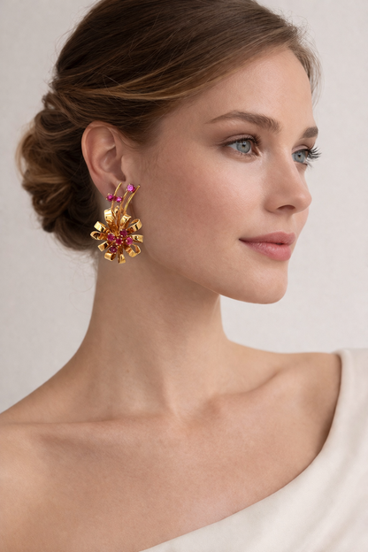 Vintage Retro 14K Rose Gold Ruby Floral Ribbon Clip-On Earrings