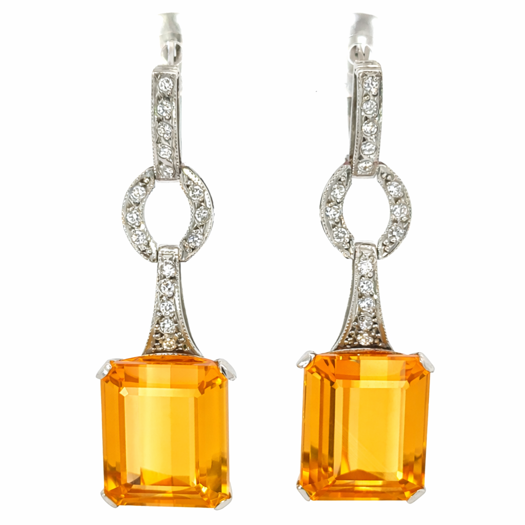 Vintage 1950s Platinum Yellow Topaz & Diamond Drop Earrings
