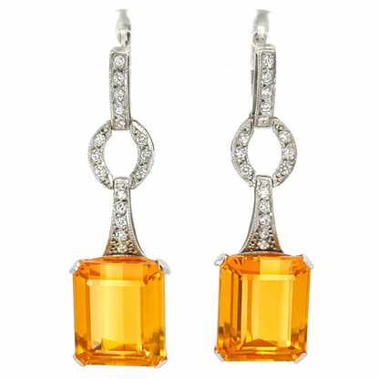 Vintage 1950s Platinum Yellow Topaz & Diamond Drop Earrings